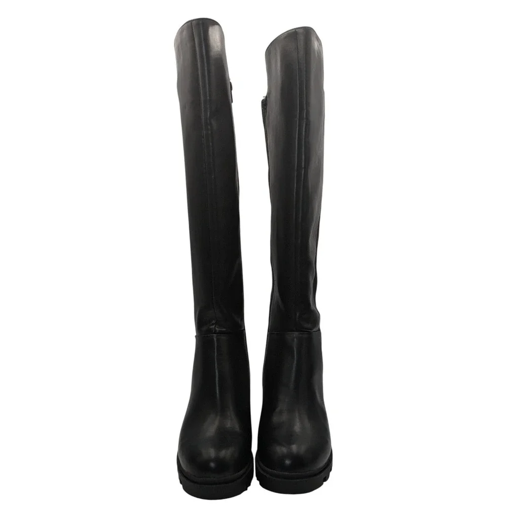 JustFab Ayden‎ Black Faux Leather Lug Sole Tall Knee High Boots Women 9 Side Zip